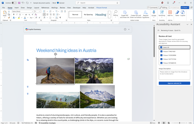 Accessibility Assistant pane in Word with Quick Fix suggestions to review alt text