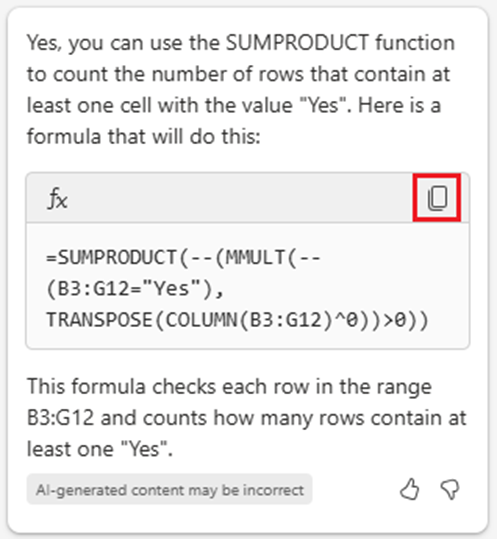 Excel Copilot Pane with a red square indicating the location of the copy command.