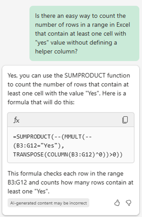 Picture of the Copilot in Excel pane showing the above prompt with a description of the SUMPRODUCT function and how to use it.
