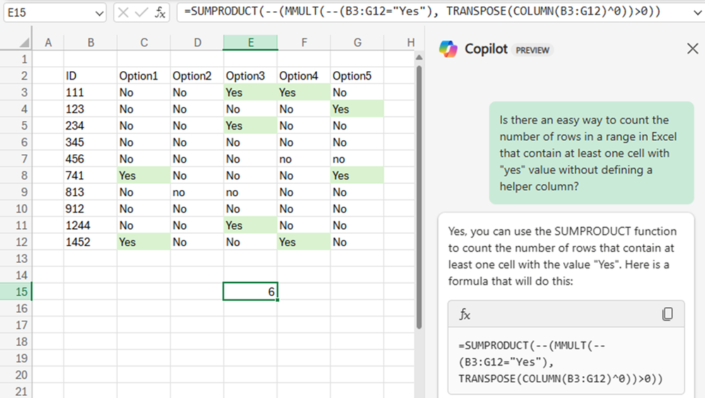 Excel workbook showing the data, copilot pane and the results of the formula that was entered.