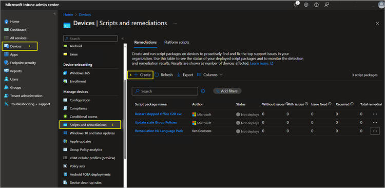 Screenshot of the Devices page in Microsoft Intune admin center, focused on Scripts and remediations options.