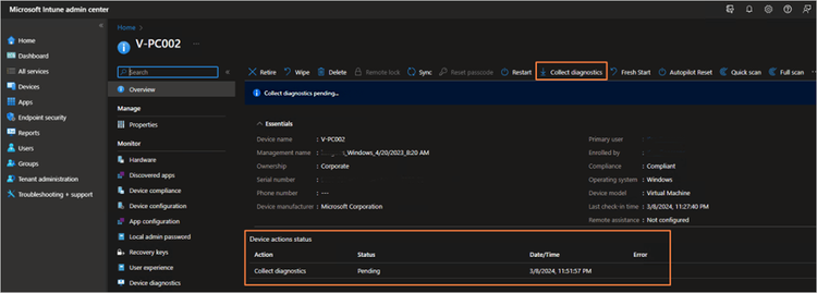 Screenshot of the Collect diagnostics tab in Microsoft Intune admin center, illustrating how to collect diagnostics for your device.