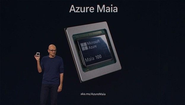 Satya Nadella holds a Maia 100 AI accelerator chip at Microsoft Ignite 2023