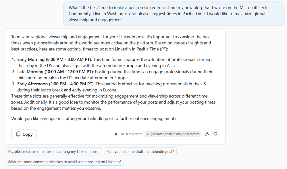 Copilot responding to a prompt asking for when the best time to post on LinkedIn is.