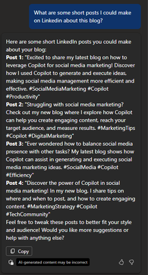 Copilot in Word responding to a prompt asking for suggestions on what to post on LinkedIn to amplify this blog