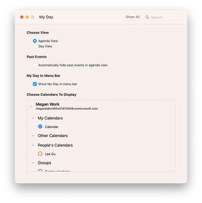 Outlook > Settings > My Day dialog box with the "Show My Day" option checked