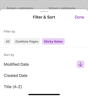 Filter & Sort menu