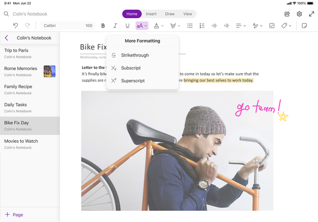 More Formatting menu in OneNote for iPad