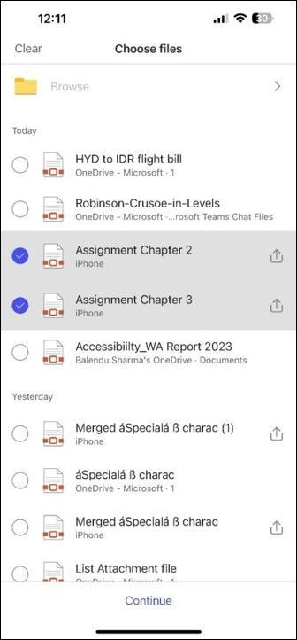 Choose file screen with Continue at the bottom