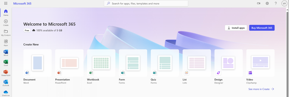 Microsoft 365 app on the web