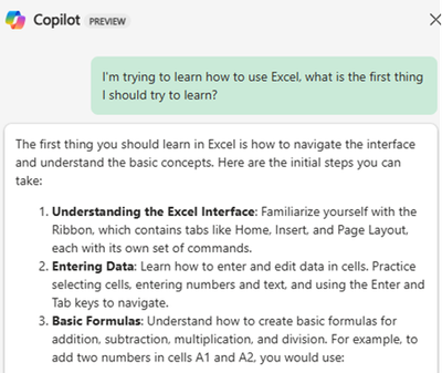 Picture of Copilot in Excel pane showing the above prompt with 10 initial steps you can try to get started with Excel.