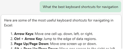 Copilot in Excel pane showing the above prompt and a list of keyboard shortcuts for navigating in Excel.