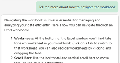Copilot in Excel pane showing the above prompt and a list of 10 tips for navigating your workbook.