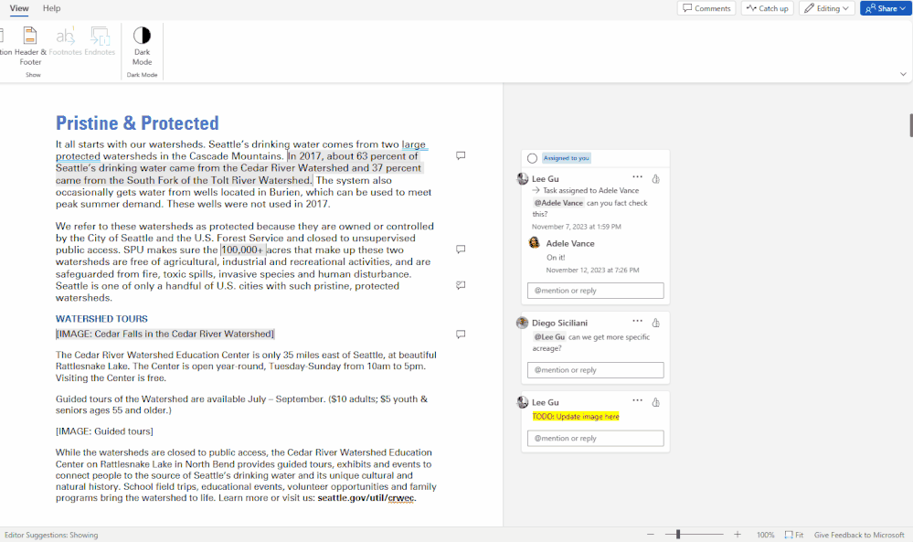 Filter comments in Word for the web