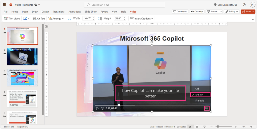 Captions showing on the screen while playing a video in PowerPoint for the web