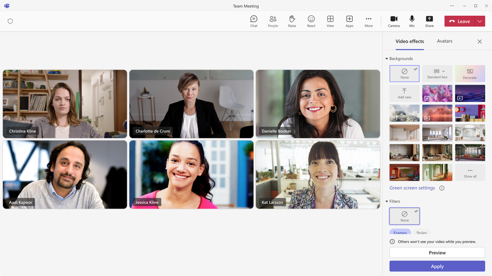 Video effects tab with available backgrounds during a meeting