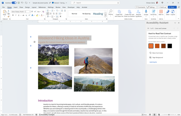 Accessibility Assistant highlights colors with low contrast and suggests alternative