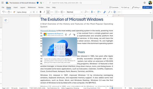 Preview of a linked webpage within the document