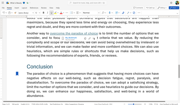 Preview of a linked bookmark within the document