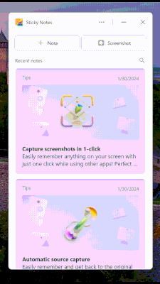 Scroll through Quick Tip cards in the Sticky Notes app