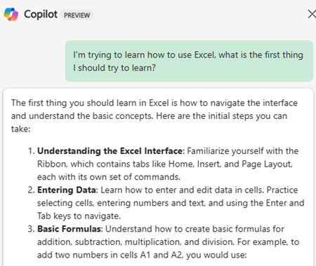 Picture of Copilot in Excel pane showing the above prompt with 10 initial steps you can try to get started with Excel.
