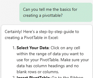 Picture of Copilot in Excel pane showing the above prompt with a step-by-step guide for creating a PivotTable.