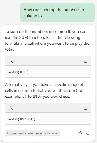 Picture of Copilot helping explain how to use a formula.