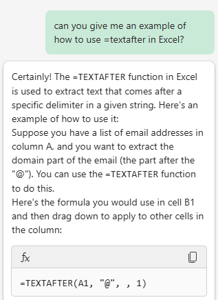 Picture of Copilot in Excel pane showing the above prompt with a description of the TEXTAFTER function and how to use it.