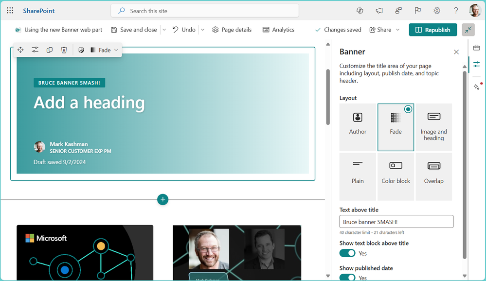 Using the new SharePoint Banner web part on a SharePoint page – with edit pane open on the right side.