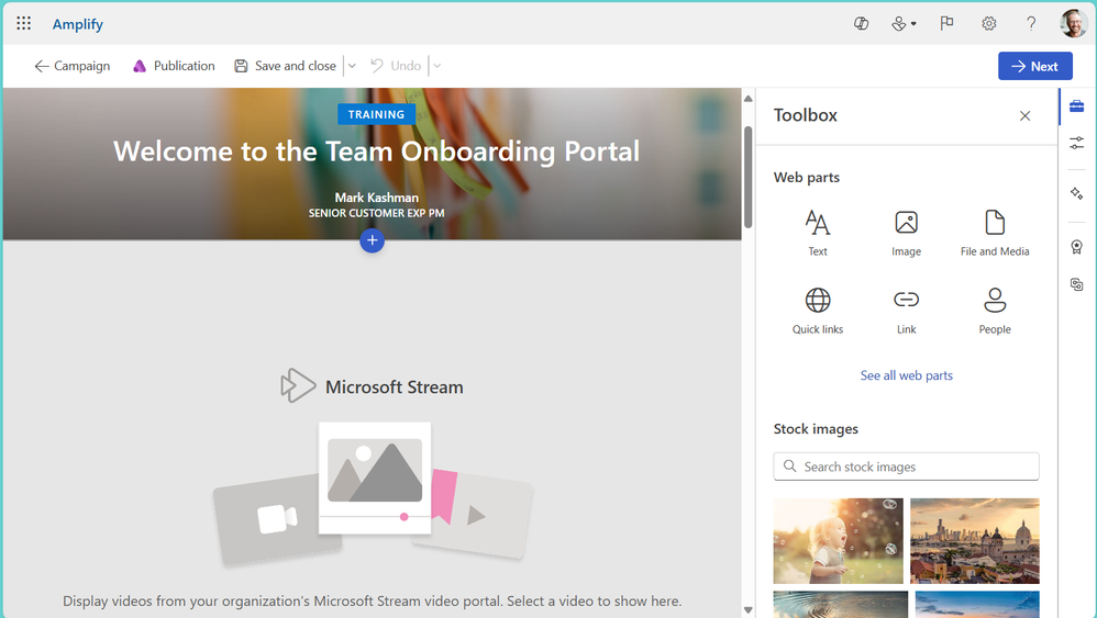 What you'll start with when using the Training video template within Viva Amplify.