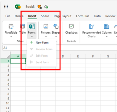 Create forms from Excel for the web
