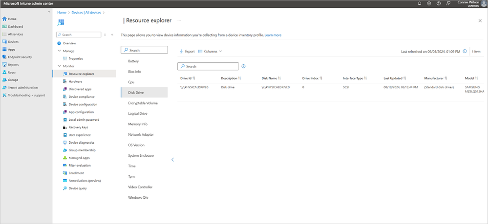 Resource explorer displays information collected by the profile.