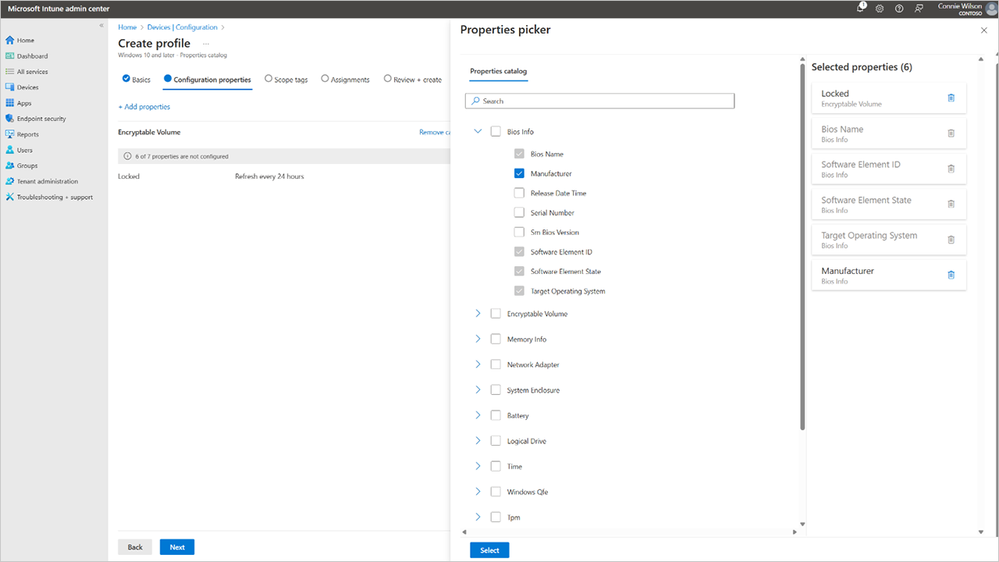 Admins will create a device inventory profile, choosing the Windows devices/groups they want to view and then the properties to collect.