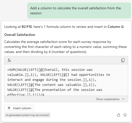 Copilot in Excel pane showing the above prompt and the response suggesting a formula column to solve the question.