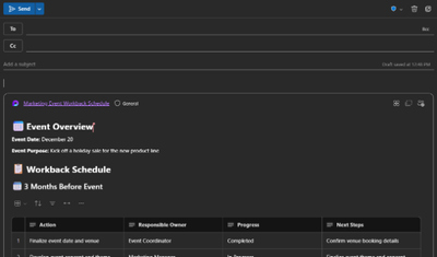 An image of a Loop component pasted in an email draft