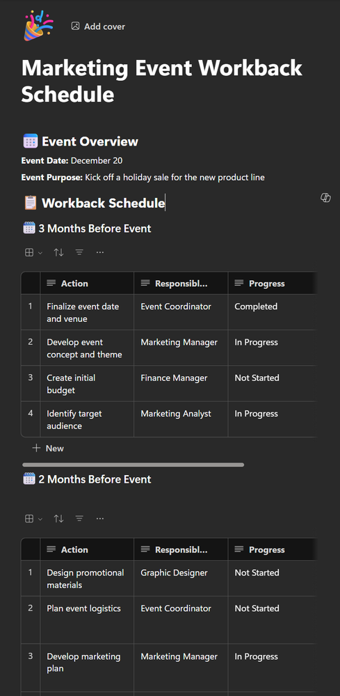 An image of a workback schedule that Copilot generated, outlining tasks I need to complete at timeline milestones before an event