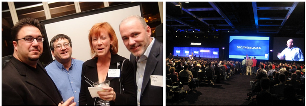 [Left] 2007 | Vista launch event, my first event as an MVP. With MVP Mark Rosenberg, Daniel Egan, and Lynn Langit (Microsoft Evangelist). [Right] 2008 | My first MVP Summit with Steve Balmer answering MVP questions.
