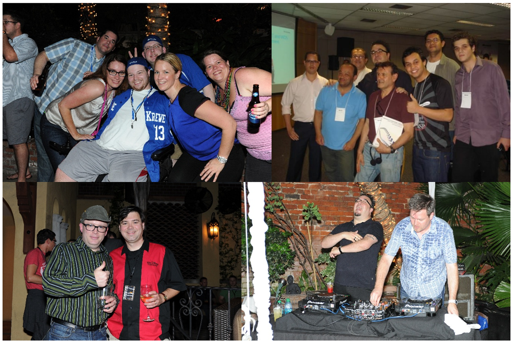 [Top left] A group of pros sharing a moment at the Springboard Party in 2014. [Top right] During our Get On The Bus South America Tour in 2012 - got to connect with amazing community members in Brazil, Argentina, Peru and Chile. [Bottom left > right] Well known Microsoft employees and community supporters, Rick Claus (left) and DJ Joey Snow (right) - at the Springboard Party in New Orleans.