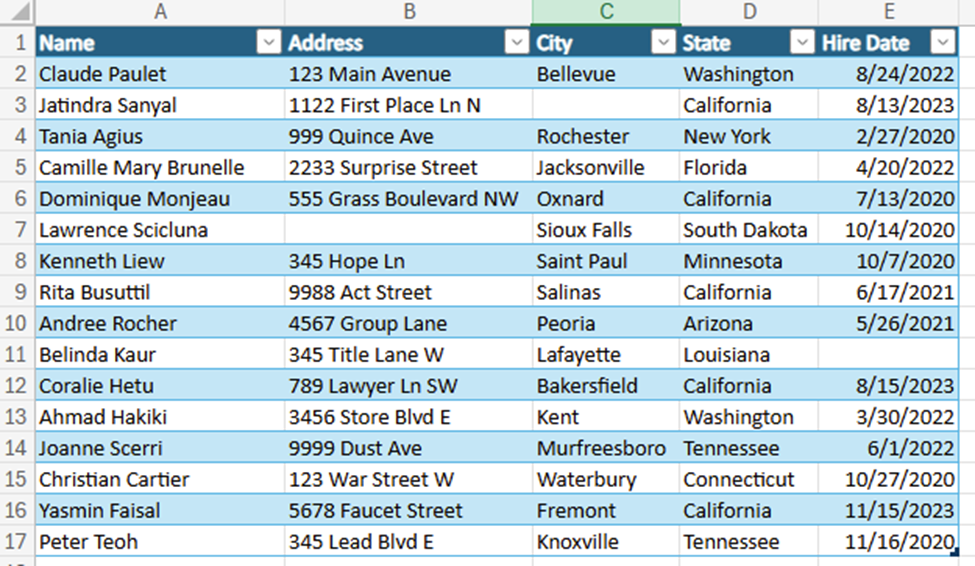 A table of employees with columns for Name, Address, City, State and Hire date.