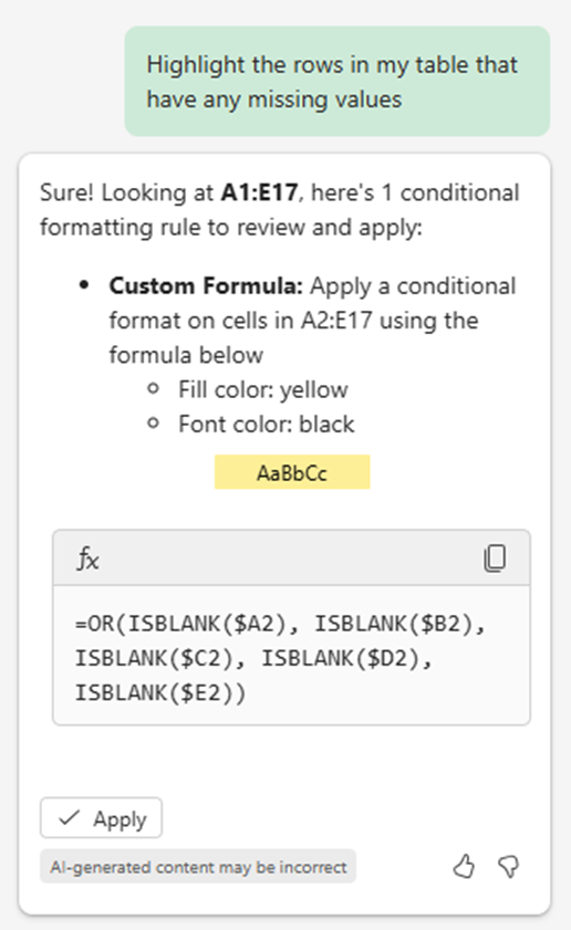Copilot in Excel pane showing the above prompt and a response for a conditional formatting rule to review and apply, with a button to apply the conditional formatting.