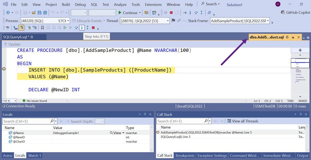Screenshot of T-SQL debugging after stepping into a stored procedure