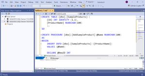 Screenshot of creating a table and stored procedure in Visual Studio with SSDT