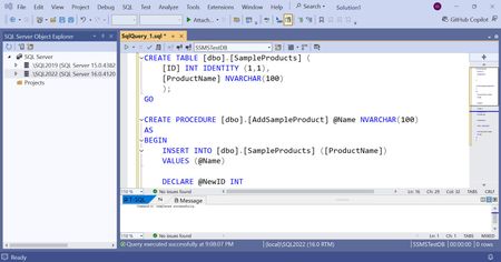 Screenshot of creating a table and stored procedure in Visual Studio with SSDT