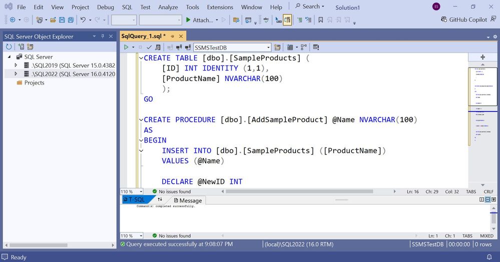 Screenshot of creating a table and stored procedure in Visual Studio with SSDT