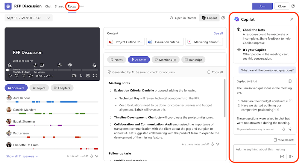 A screenshot of Copilot in Teams showing a meeting recap and answering questions about the meeting