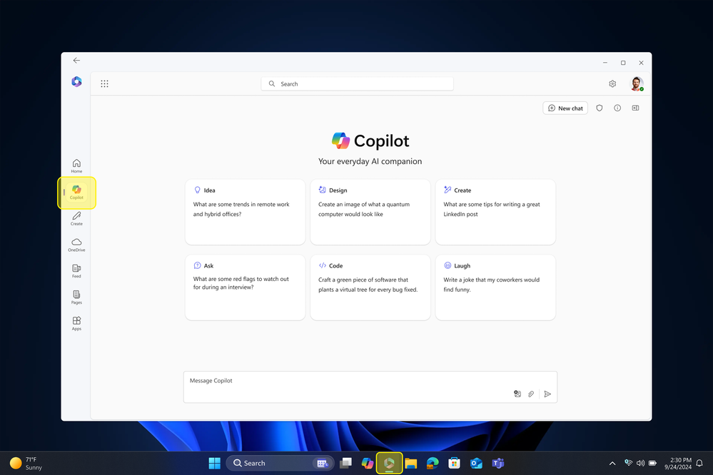 The Microsoft 365 app can be pinned to the taskbar in Windows. The Microsoft Copilot app can be pinned to the navigation bar within the Microsoft 365 app for easy access.