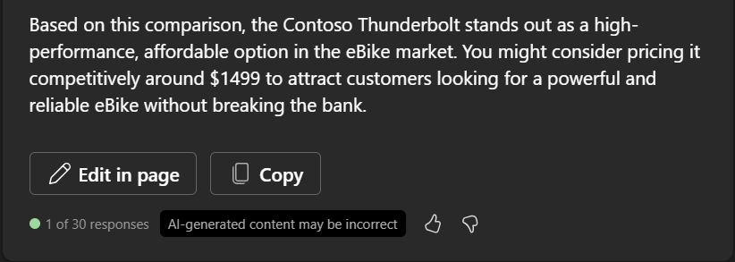 A screenshot of the response from Copilot, with the button 
