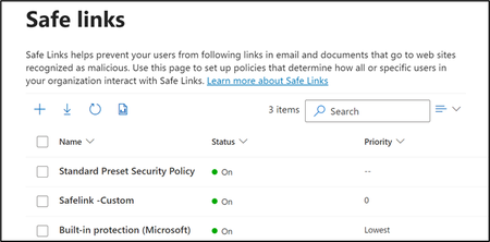 Figure 1: Safe Links policies screen in the Microsoft Defender XDR portal