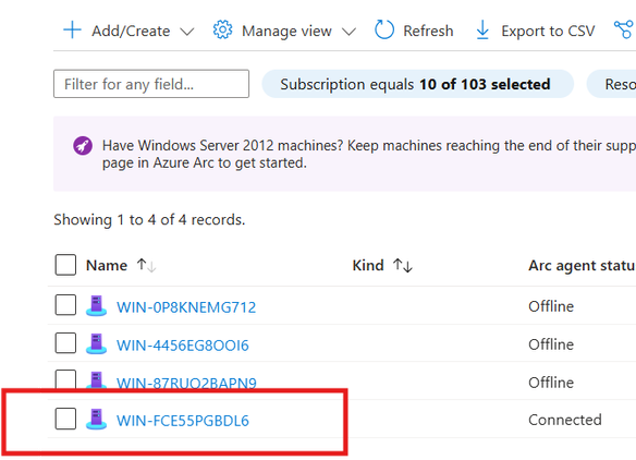 The machine set up in earlier step is highlighted and the Arc agent status shows the machine is connected