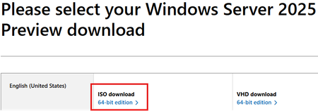 Selecting 64-bit edition ISO of Windows Server 2025 from the Evaluation Center